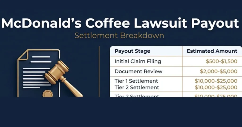 McDonald's coffee lawsuit payout settlement breakdown infographic with gavel and dollar amounts