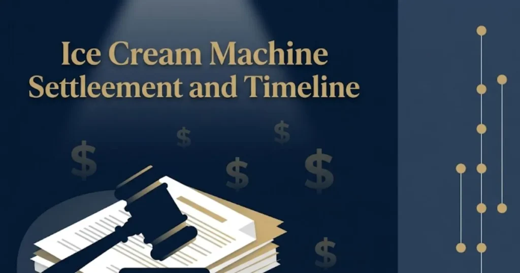 McDonald's ice cream machine lawsuit timeline and settlement graphic with courtroom imagery