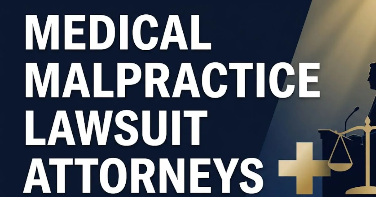 Medical malpractice lawsuit attorneys guide 2026 hero banner with legal scales and courtroom silhouette imagery