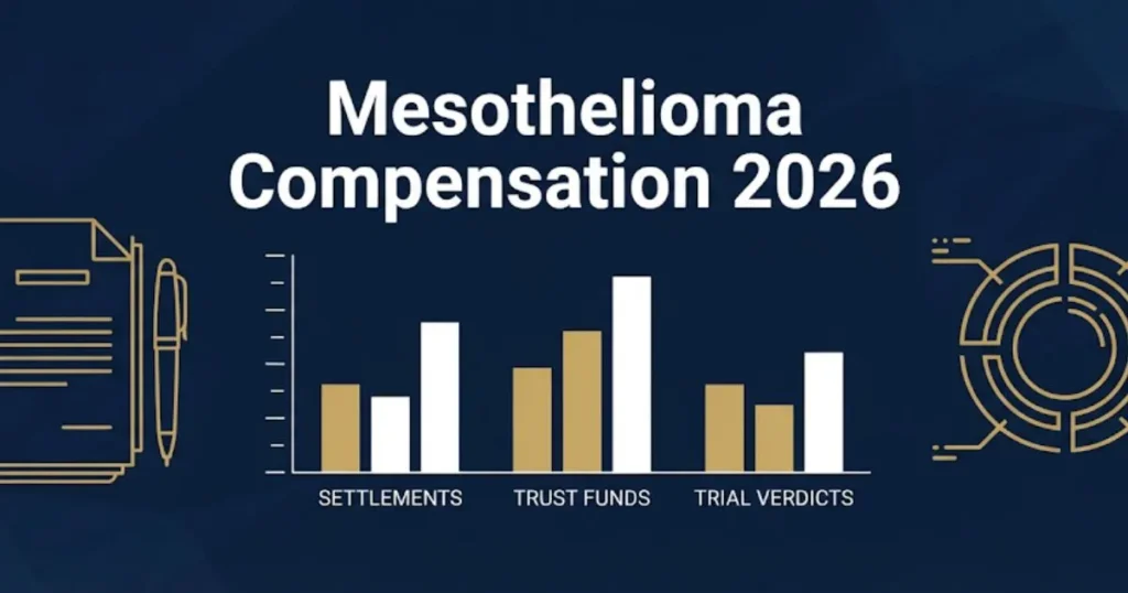 Mesothelioma compensation 2026 infographic showing settlement and trust fund payout ranges
