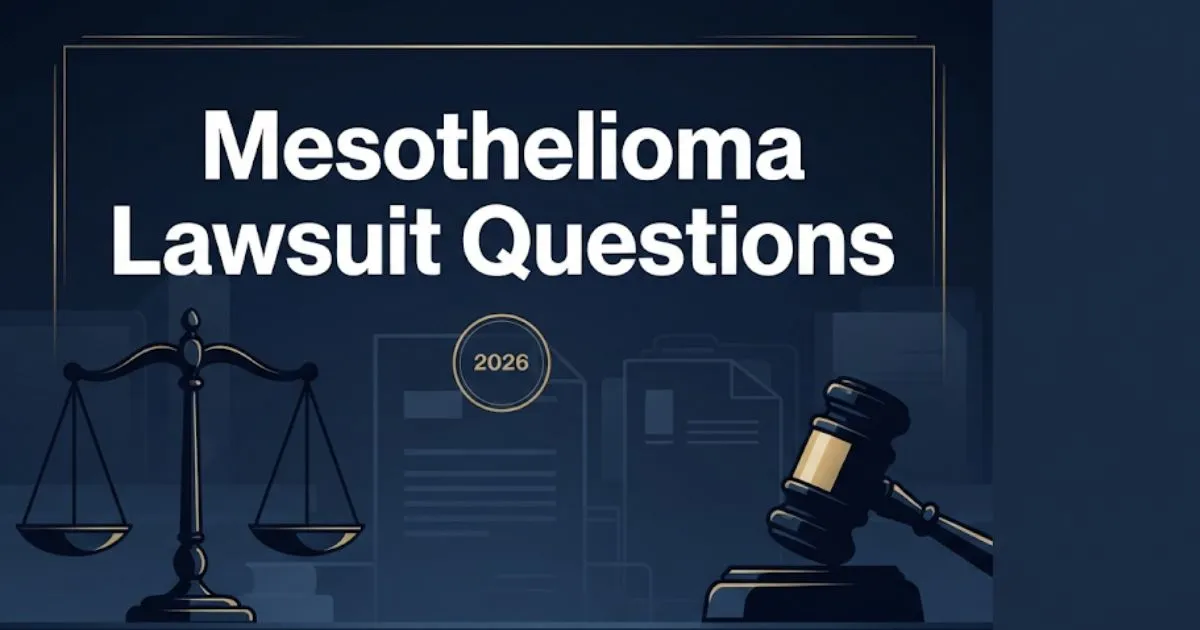 Mesothelioma lawsuit questions hero banner with legal scales and gavel on navy background