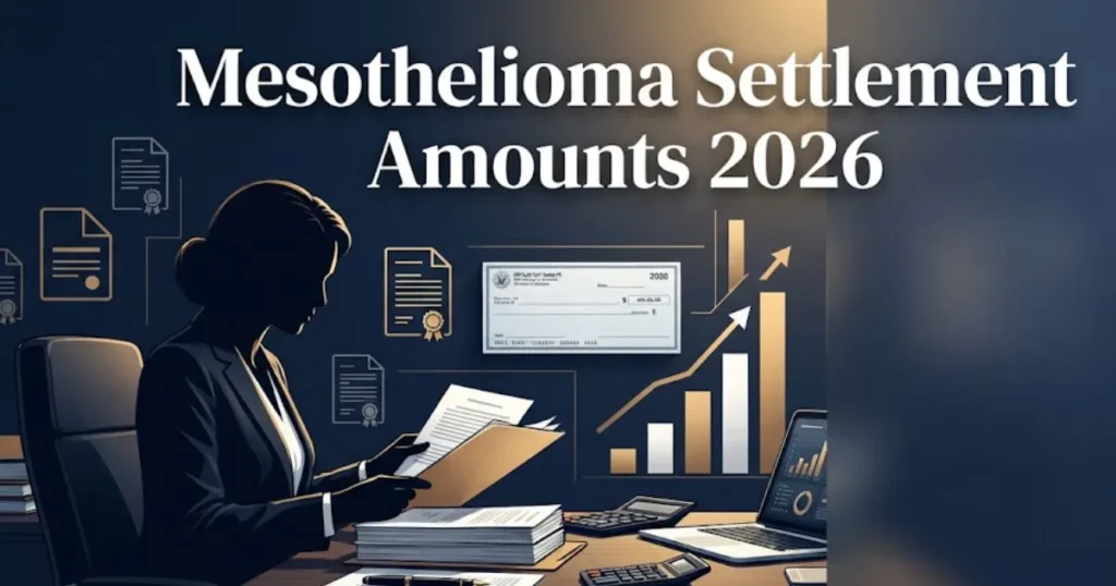 Mesothelioma settlement amounts 2026 infographic with payout data and legal document icons