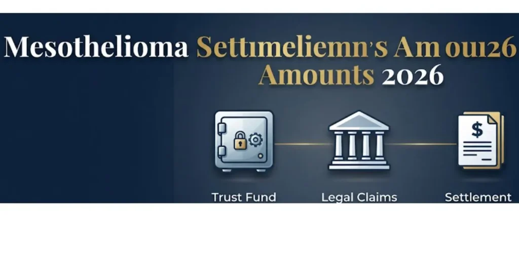 Mesothelioma settlement amounts 2026 infographic with trust fund and courthouse icons