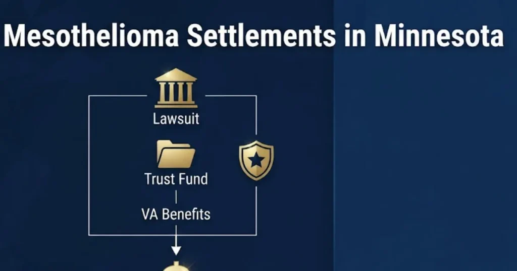 Mesothelioma settlements in Minnesota infographic showing lawsuit and trust fund compensation paths