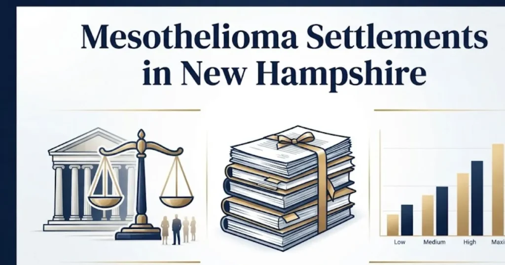 Mesothelioma settlements in New Hampshire infographic showing compensation tiers and legal symbols