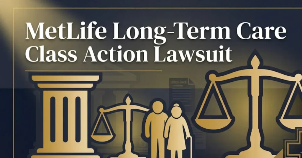 MetLife long-term care class action lawsuit 2026 guide banner with legal symbols and navy background