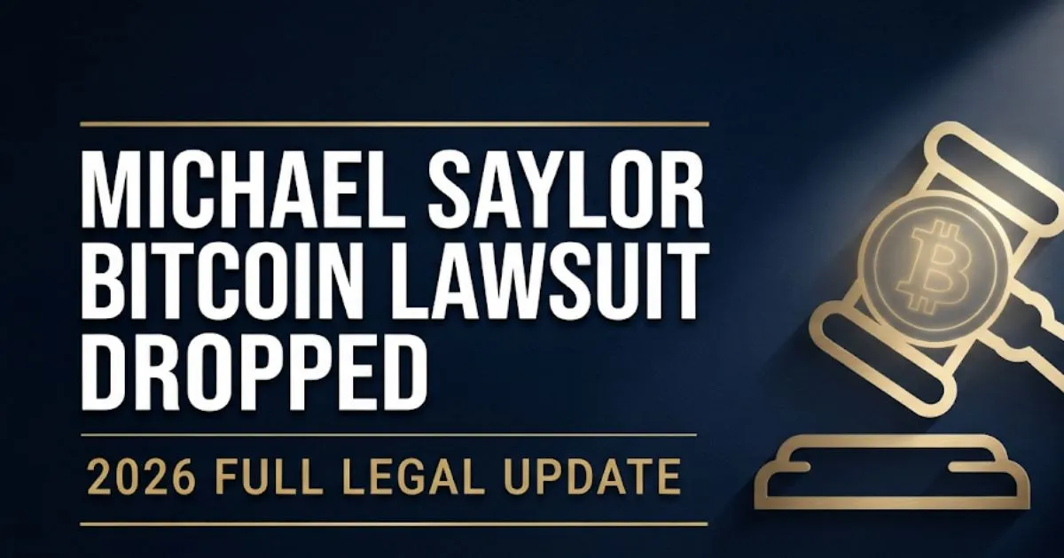 Michael Saylor bitcoin lawsuit dropped 2026 legal update banner with gavel and Bitcoin symbol on navy background