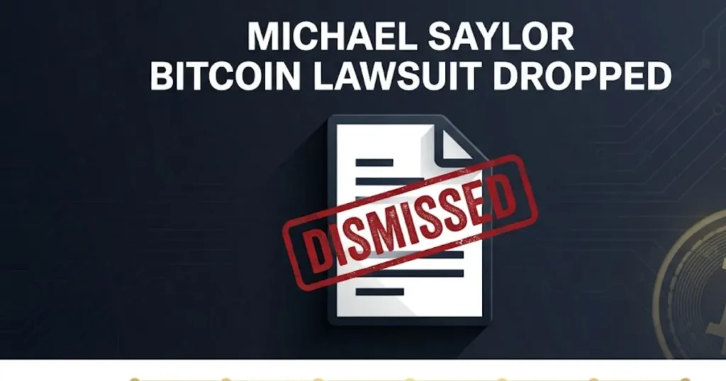 Michael Saylor bitcoin lawsuit dropped case dismissed stamp with timeline infographic on dark navy background