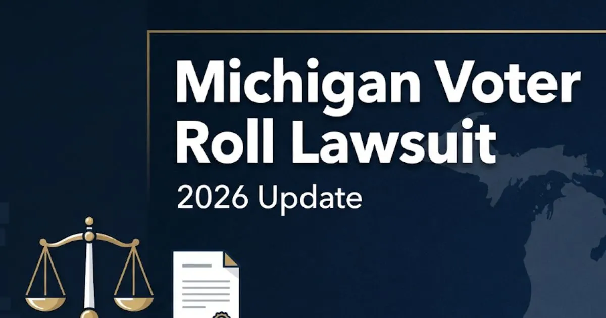 Michigan voter roll lawsuit 2026 legal update banner with state outline, scales of justice, and deep navy background