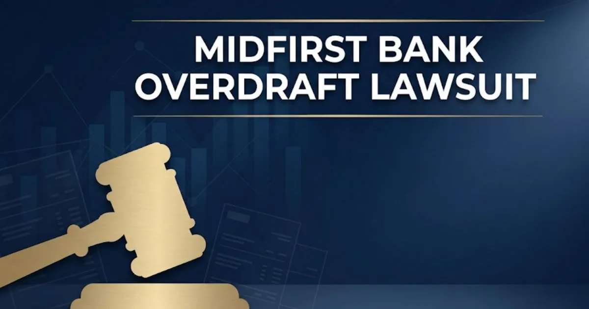 MidFirst Bank overdraft lawsuit 2026 hero banner with gavel and legal theme