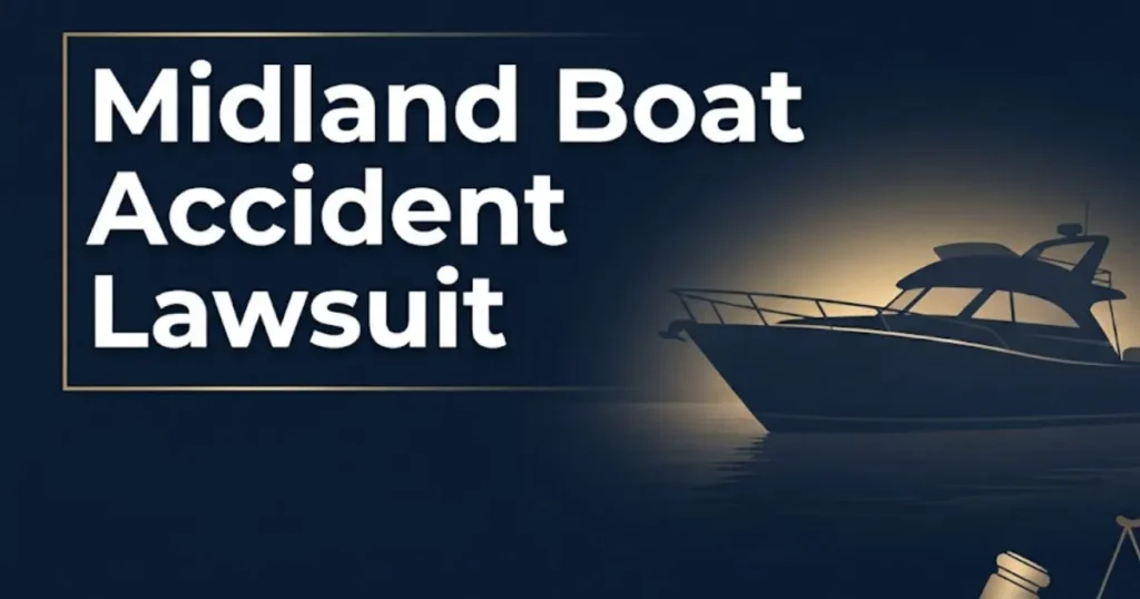 Midland boat accident lawsuit 2026 guide banner with boat silhouette and legal symbols on navy background