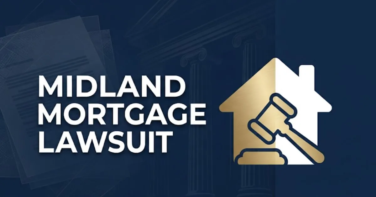 Midland mortgage lawsuit 2026 hero banner with gavel and house silhouette on navy background
