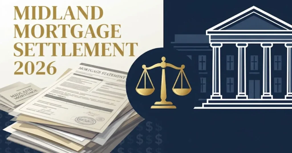 Midland mortgage settlement 2026 graphic with courthouse and legal documents in navy and gold