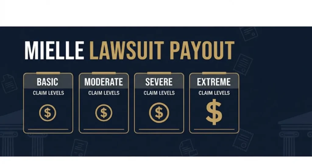 Mielle lawsuit payout tiers infographic showing claim levels from basic to extreme on navy background
