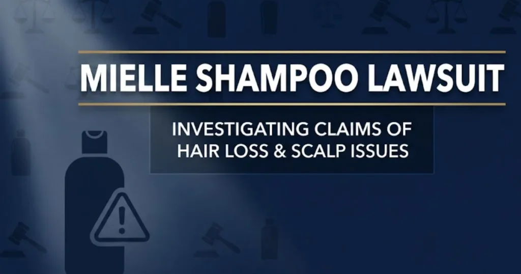 Mielle shampoo lawsuit 2026 hero banner with legal scales and product silhouette on navy background