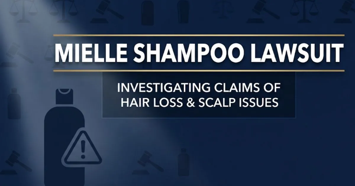 Mielle shampoo lawsuit 2026 hero banner with legal scales and product silhouette on navy background