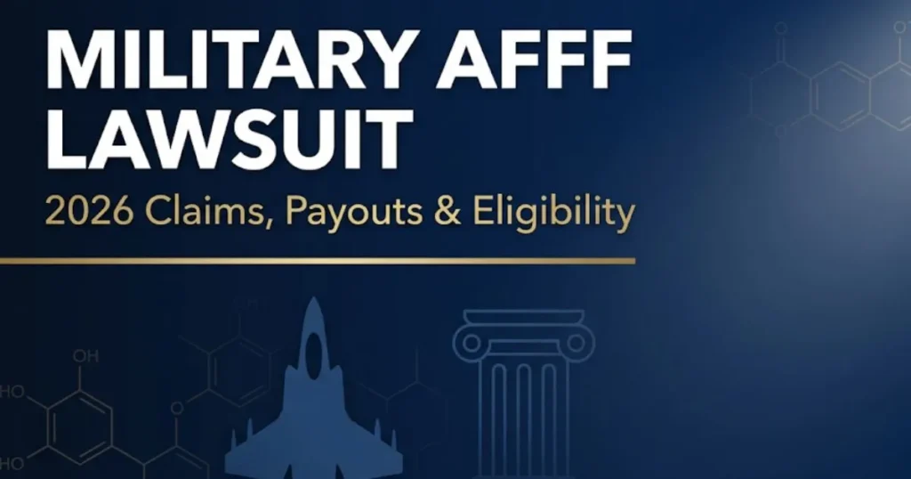 Military AFFF lawsuit 2026 guide banner showing legal and military symbols with headline text on navy background