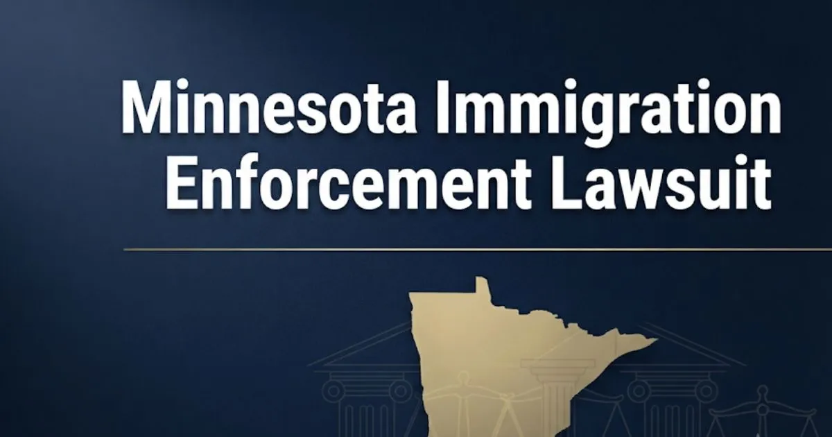 Minnesota immigration enforcement lawsuit 2026 legal guide banner with state outline and scales of justice icons