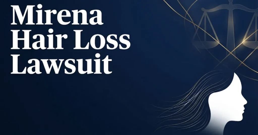 Mirena hair loss lawsuit 2026 hero banner with legal scales and silhouette