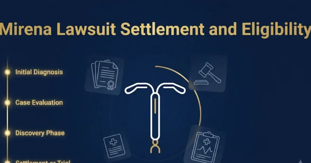 Mirena lawsuit settlement and eligibility infographic with legal icons