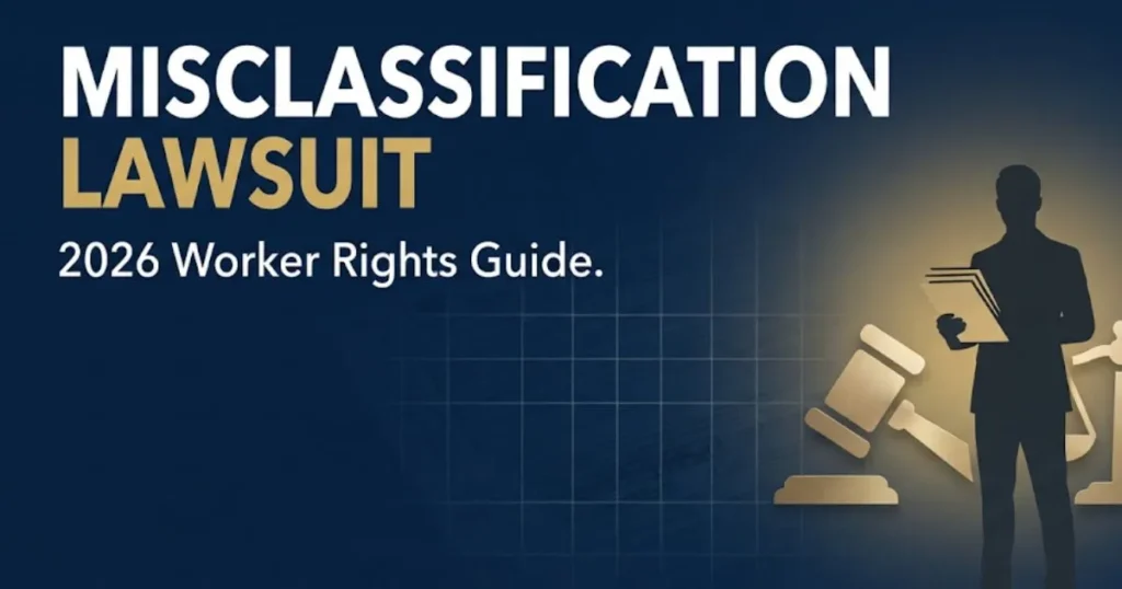 Misclassification lawsuit 2026 worker rights guide banner with legal scale and document silhouette on navy background