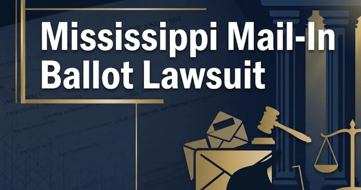 Mississippi mail-in ballot lawsuit 2026 voter guide banner with legal symbols and bold headline text