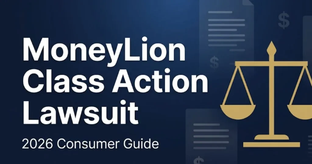 MoneyLion class action lawsuit 2026 guide banner with gold scales of justice icon on navy background