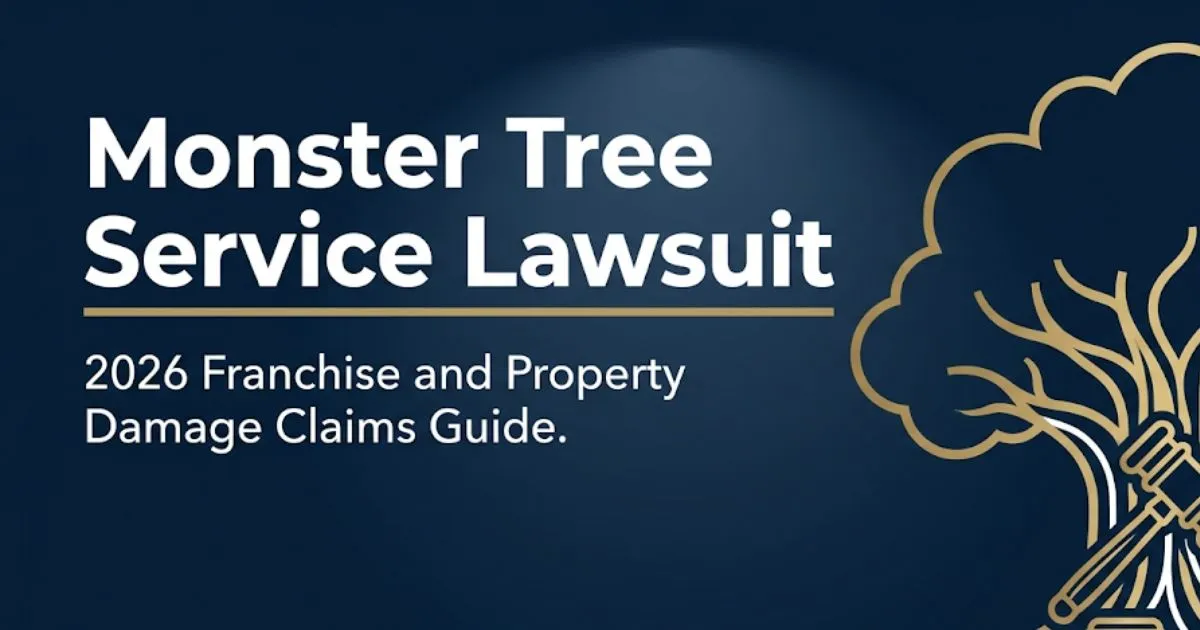 Monster Tree Service Lawsuit 2026 legal banner with gavel and tree silhouette on navy background