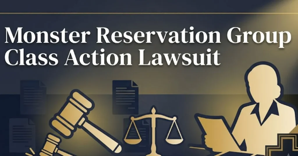 Monster reservation group class action lawsuit 2026 legal banner with gavel and scales icons