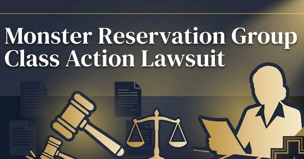 Monster reservation group class action lawsuit 2026 legal banner with gavel and scales icons