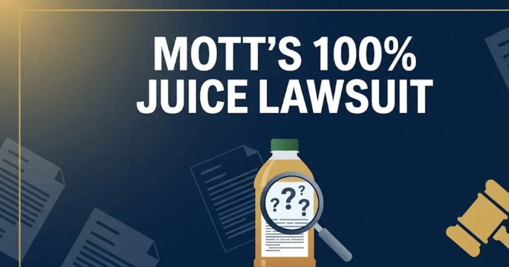 Mott's 100% juice lawsuit hero banner with gavel icon and juice bottle label graphic