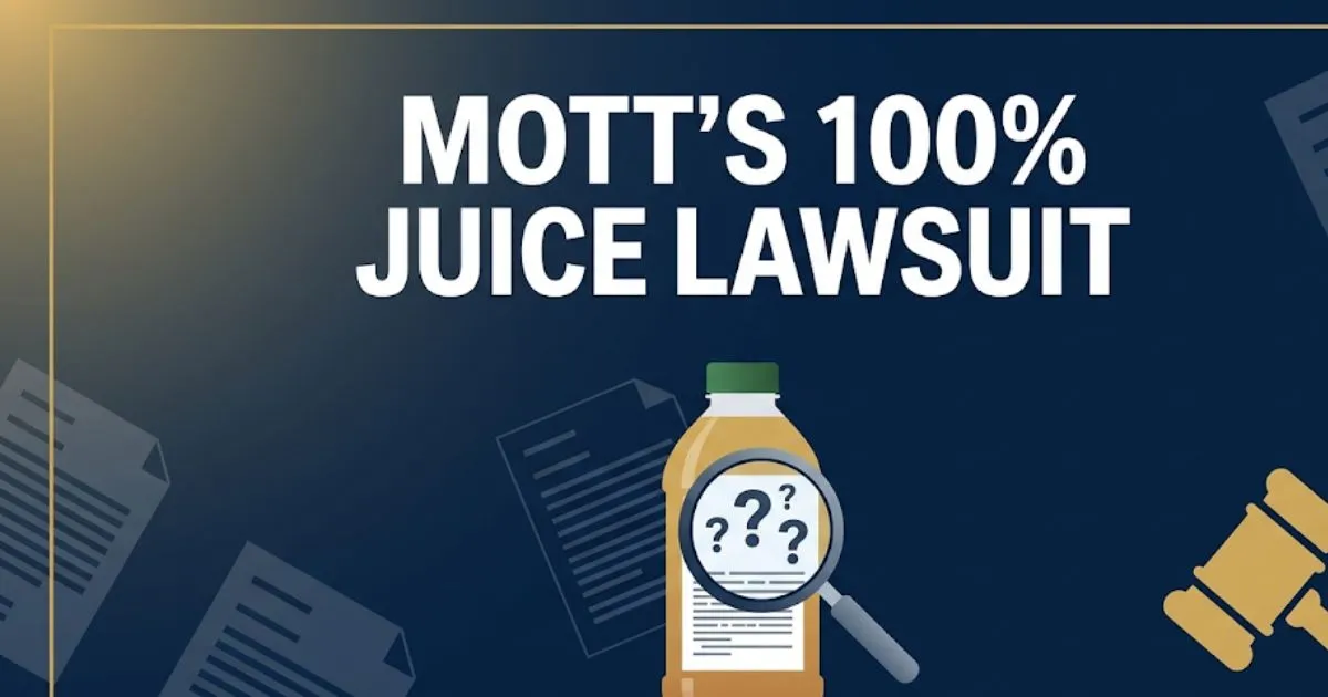 Mott's 100% juice lawsuit hero banner with gavel icon and juice bottle label graphic