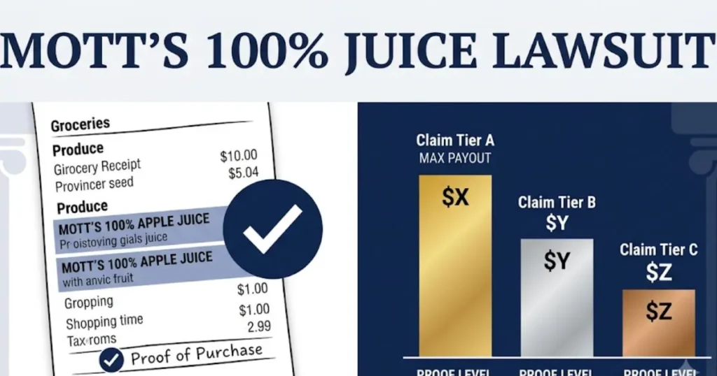 Mott's 100% juice lawsuit settlement tiers and proof of purchase infographic