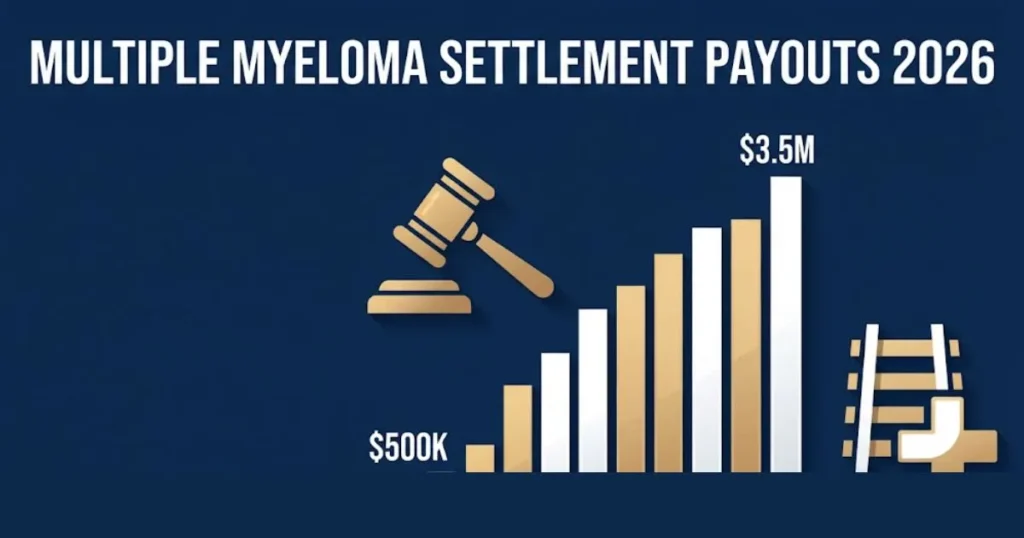 Multiple myeloma settlement payouts 2026 infographic showing railroad lawsuit compensation ranges