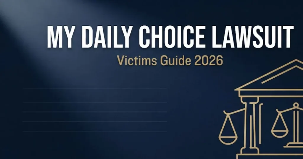 My Daily Choice lawsuit 2026 victims guide banner with courthouse scales icon on navy background