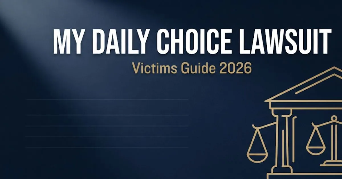 My Daily Choice lawsuit 2026 victims guide banner with courthouse scales icon on navy background