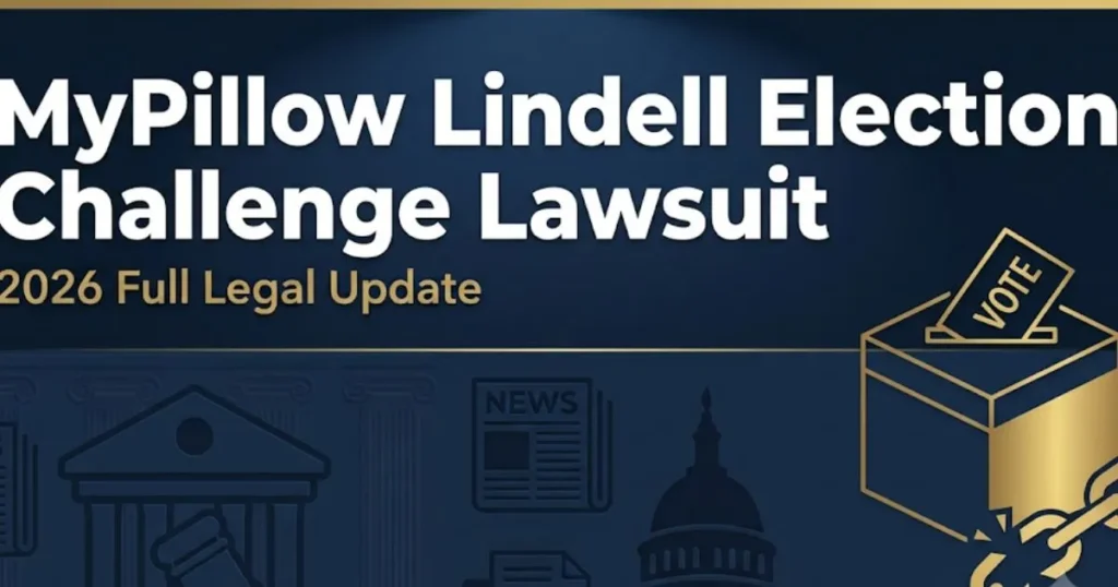 MyPillow Lindell Election Challenge Lawsuit 2026 legal update banner with courthouse silhouette and gavel icons