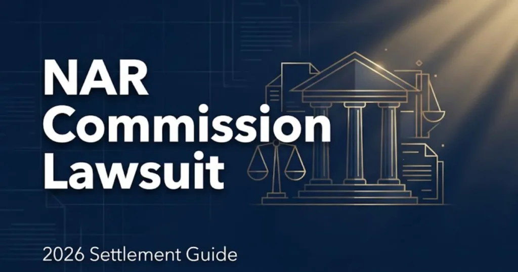 NAR commission lawsuit 2026 settlement guide banner with legal scales and courthouse silhouette on navy background