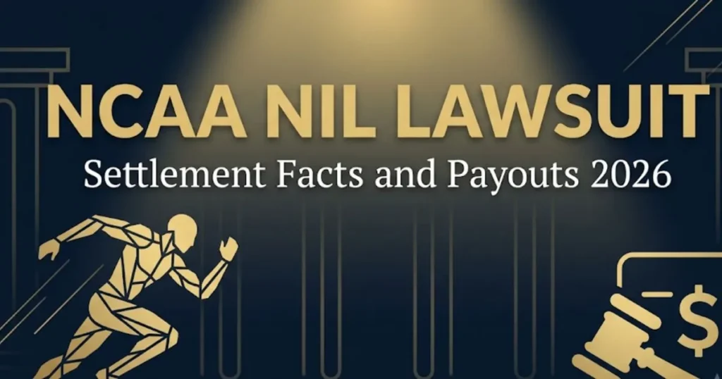 NCAA NIL lawsuit settlement facts and payouts 2026 legal banner with athlete silhouette and gavel icon
