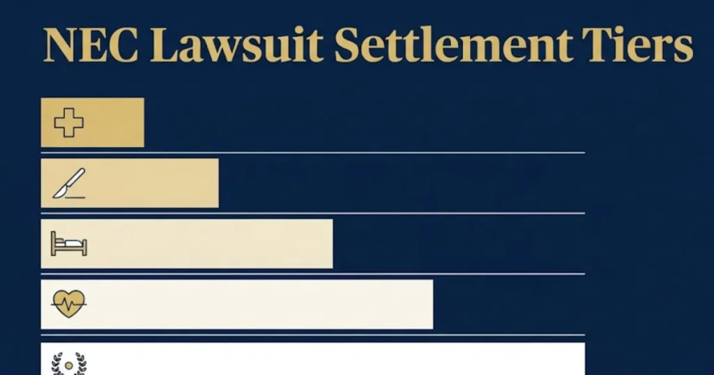 NEC lawsuit compensation tiers infographic showing settlement ranges for 2026 claims