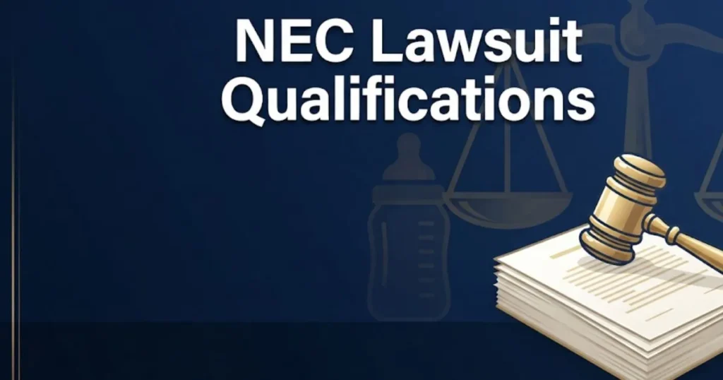 NEC lawsuit qualifications hero banner with legal scales and baby formula imagery