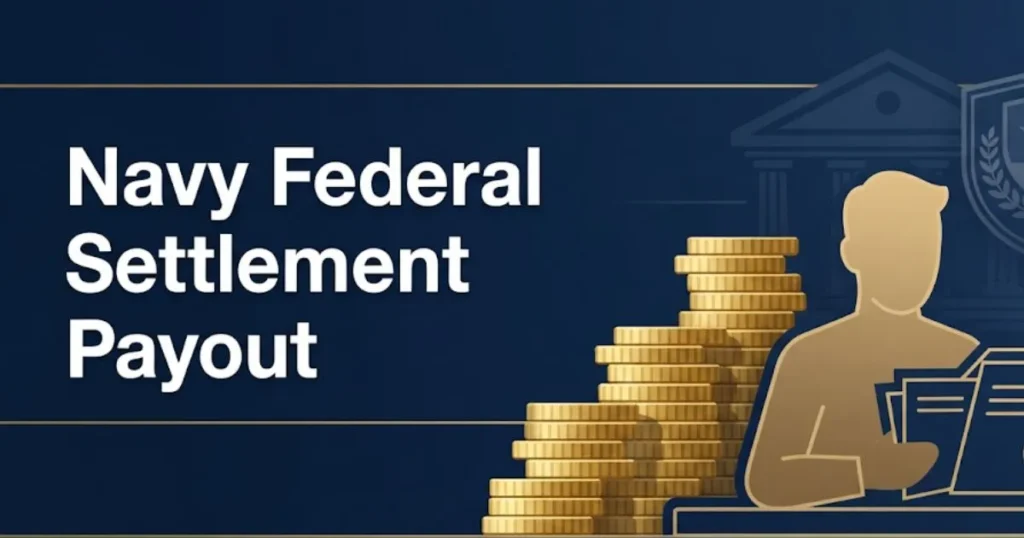 Navy Federal Credit Union lawsuit settlement payout graphic with coins and legal documents