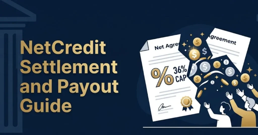 NetCredit lawsuit Virginia settlement payout guide with loan document and borrower icons