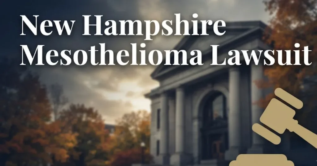 New Hampshire mesothelioma lawsuit 2026 guide hero banner with courthouse and gavel imagery