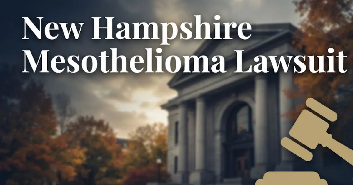 New Hampshire mesothelioma lawsuit 2026 guide hero banner with courthouse and gavel imagery