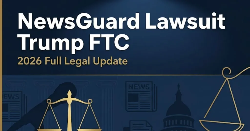 NewsGuard lawsuit Trump FTC investigation 2026 legal banner with scales of justice and navy background