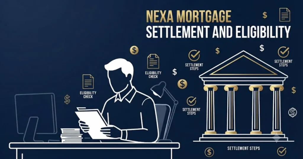 Nexa Mortgage Lawsuit eligibility and settlement graphic with courthouse and document icons