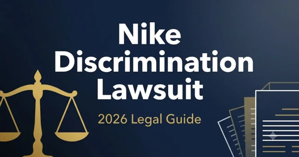 Nike discrimination lawsuit 2026 legal guide banner with scales of justice and bold headline text on navy background