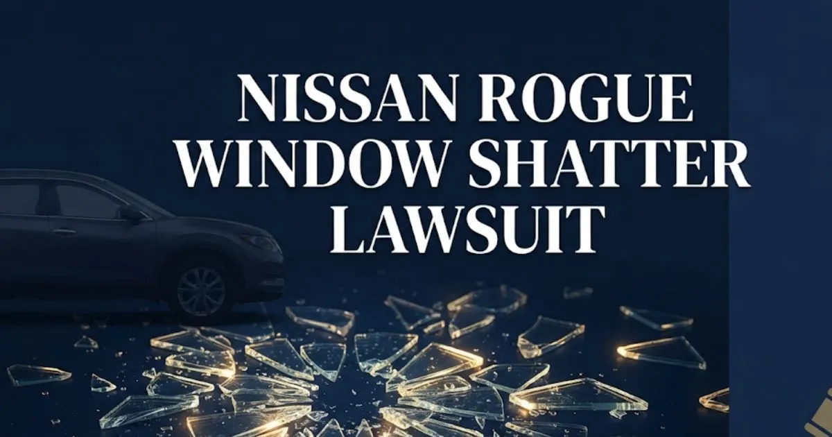 Nissan Rogue window shatter lawsuit 2026 hero banner with shattered glass and legal theme