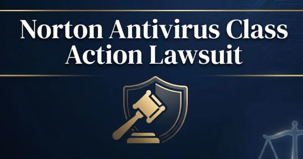 Norton antivirus class action lawsuit 2026 guide with gavel and shield legal graphic